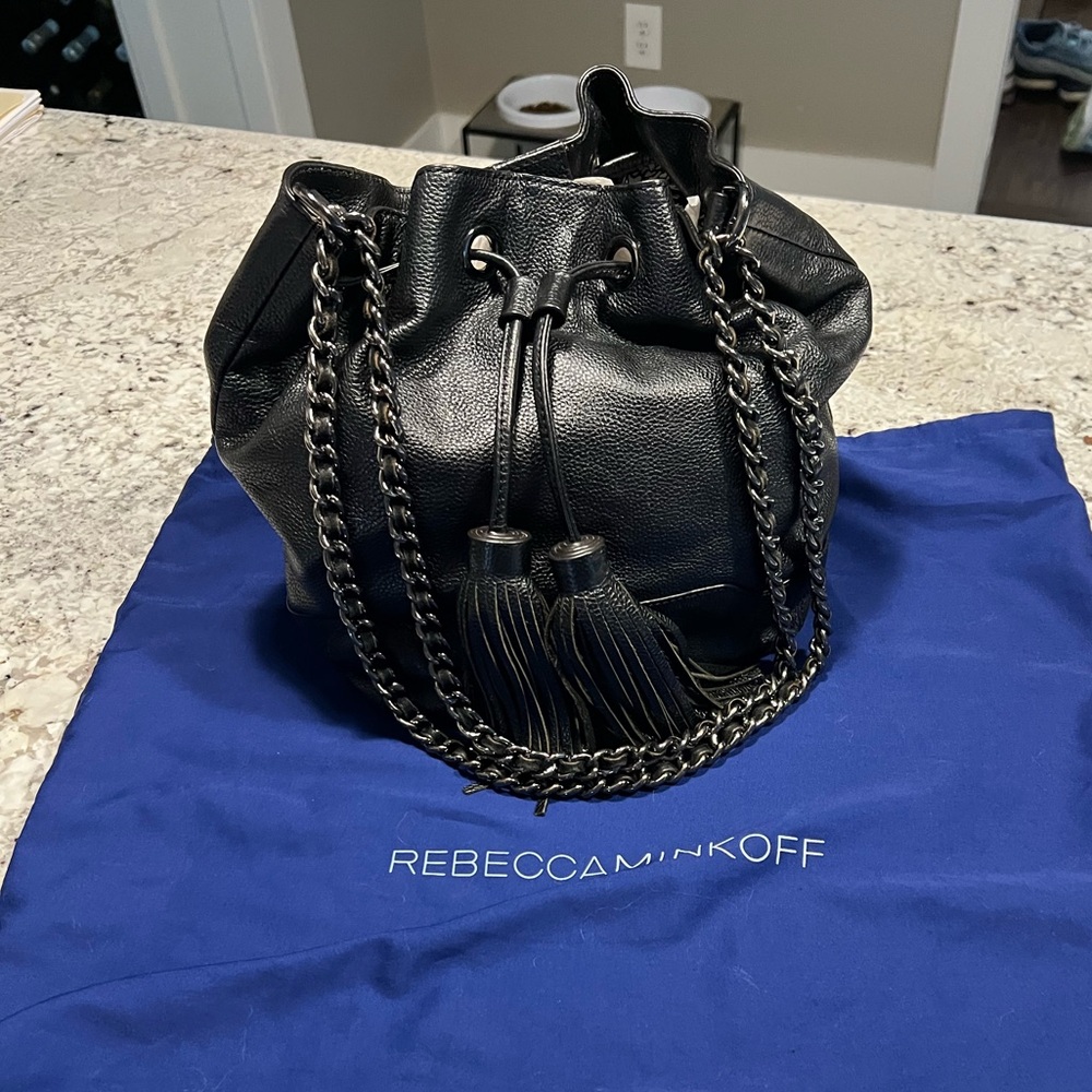 Rebecca Minkoff black leather drawstring bag